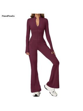 Women Long Sleeve Flared Jumpsuit One Piece Zip Up Catsuit